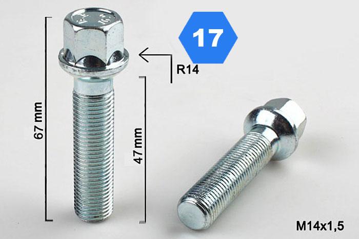 M14x1,5, Radius 14, Wielbout radius, Draadlengte 47mm, SW 17, o.a. Mercedes